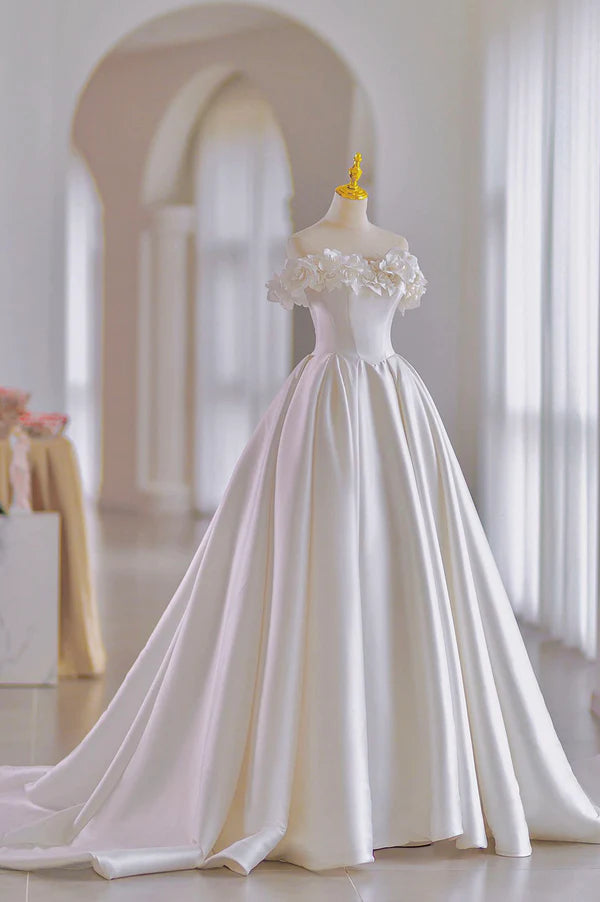 Wholesale White Satin Long A-Line Ball Gown Off the Shoulder Wedding Gown